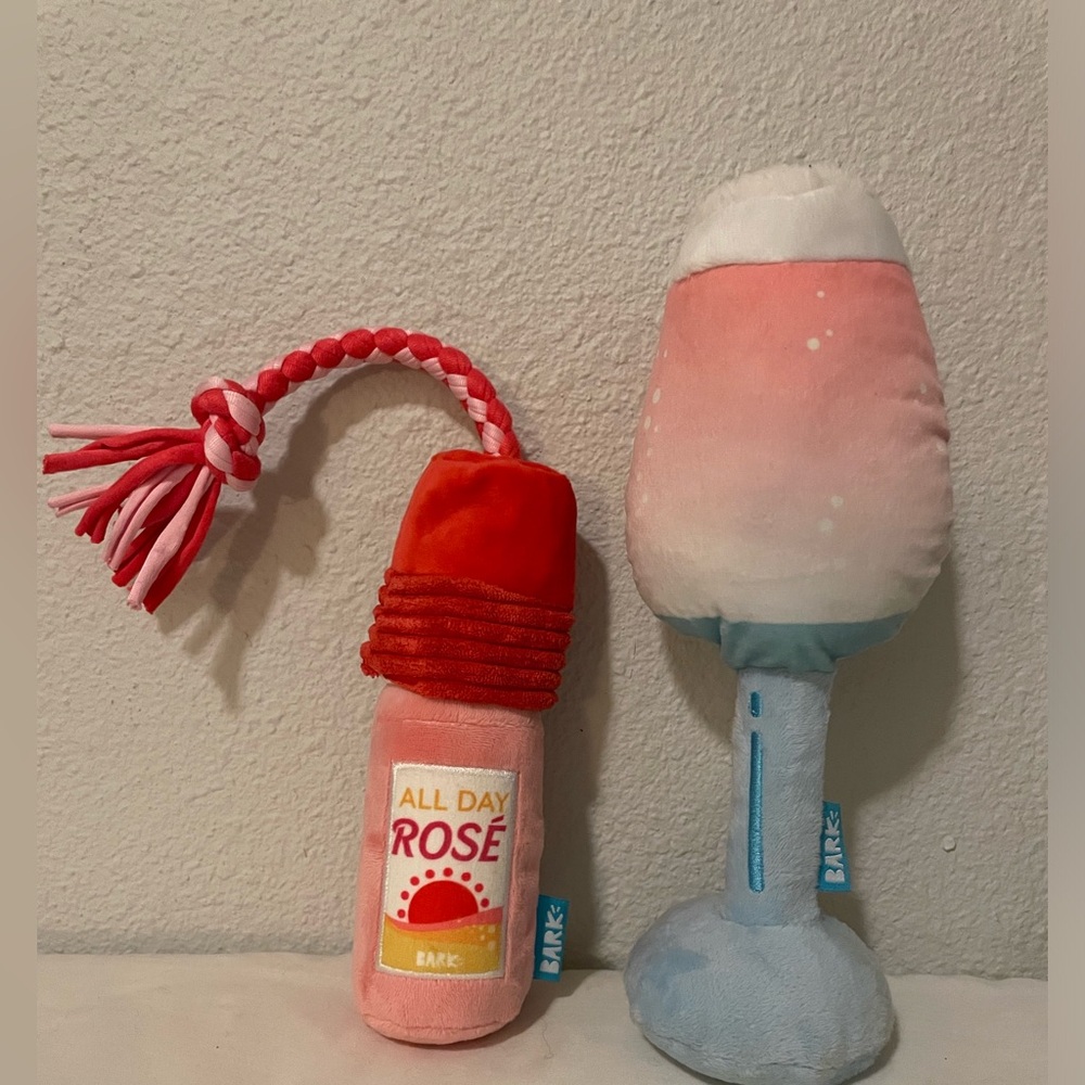 BARK Rosé Bottle and “Chompagne” Glass Dog Toy Set - Red and Pink